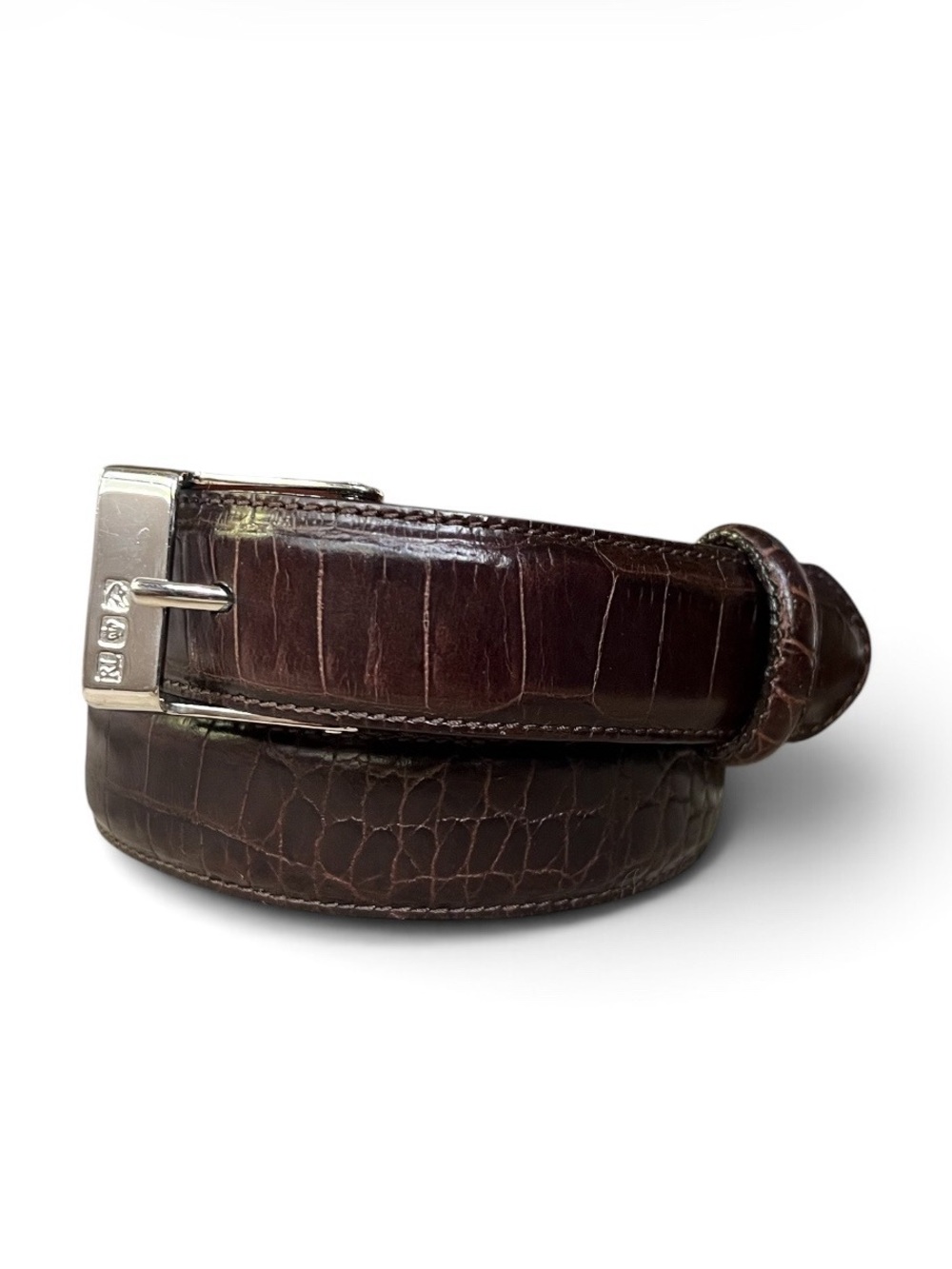 Vintage Ralph Lauren Crocodile Embossed Brown Leather Belt w/Silver Tone Buckle,